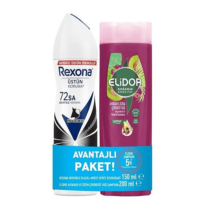 Rexona Invisible Black&White Deo + Elidor Güçlü Saçlar İçin Şampuan 200 Ml Set - 1